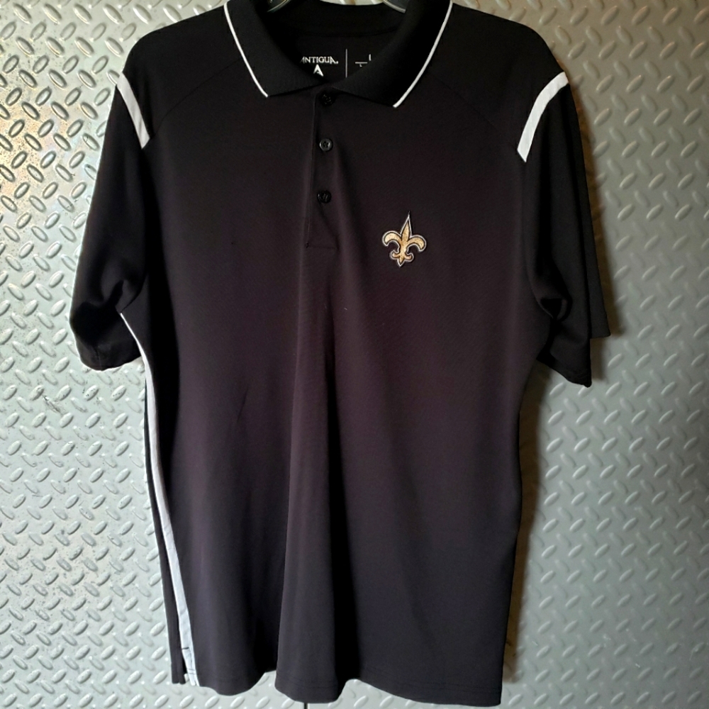 EUC Antigua Polo Shirt Size L NFL New Orleans Saints Black Short Sleeve